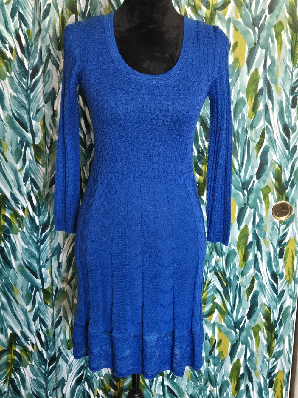Missoni Royal Blue Ribbed Patterned Knit Scoop Neck Flare Dress